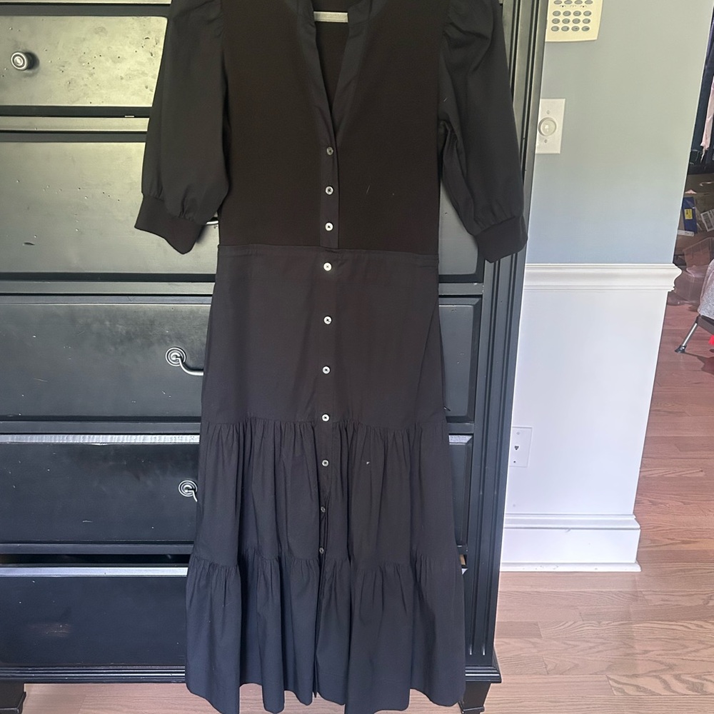 Veronica Beard Black Puff Sleeve V-Neck Dress